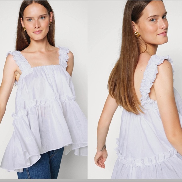 Brogger | olive babydoll ruffle-trimmed shell top | NWT size L - Picture 2 of 16